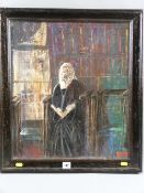 _ REID oil on board - interior scene with priest taking a reading, signed, 52 x 45 cms