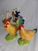 Miscellaneous Porcelain Figures including a shepherd, musician, a chicken and cockerel (6).