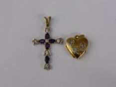 A 9ct White and Purple Stone Cross, together with a 9ct Gold Locket, est 4.2 gms