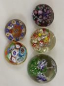 Five Antique Glass Paperweights, of millefiori design, unsigned.