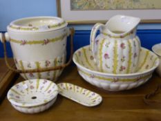 A Minton 'Ranelagh' Jug  and Basin set comprising shaving dish, soap dish, a pail and a chamber