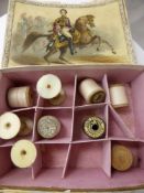 A Quantity of 19th Century Embroidery Patterns, together with two ivory bobbins and vintage thread.