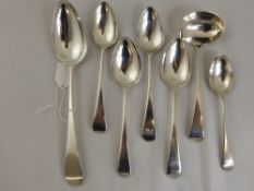Seven Solid Silver Georgian Spoons, including four dessert spoons, one teaspoon, a sauce ladle and a