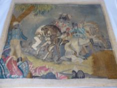 A circa 1800 Silk Painted and Embroidered Panel, possibly the Battle of Waterloo, approx 65 x 53