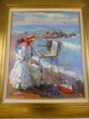 Vladimir Petrov, A Contemporary Oil on Board, depicting children on a beach, approx 50 x 61 cms