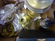 A Miscellaneous Quantity of  Brass and Silver Plate, including an oil lamp, two candlesticks, a