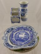 Seven pieces of misc porcelain, comprising two Copeland Spode Byron plates. A Copeland Spode blue