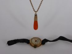 A 9ct Gold Cornelian Pendant and a 9ct Gold Chain together with a 9 ct gold cocktail watch.