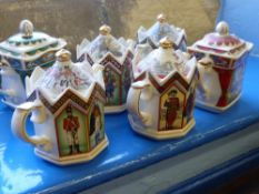 Six ceramic Sadler teapots comprising the Duke of Wellington, the Tower of London, King Charles I,