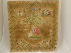 A Wool Sampler depicting a lady on a horse with three people under a tree with verses to each