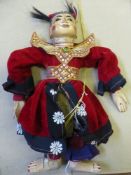 Three Oriental Wooden Hand Painted Puppets, each puppet in traditional costume, possibly