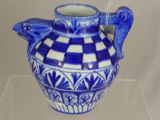 A Continental Blue and White Water Jug in the form of a bird approx 20 cms high. Impressed numbers