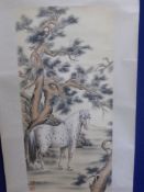 Three Antique Chinese Wall Scrolls, two scrolls depicting Chinese lettering approx 46 x 150 cms