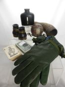A Gentleman's Lot comprising a glass and leather hip flask, a pair of brass binoculars, a pair of