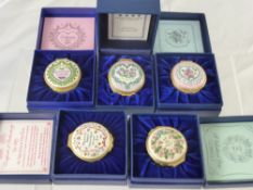 Five Halcyon Days Enamel Valentine Boxes, including 1979, 1980, 1981, 1982, 1983 in the original