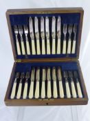 A Set of Six Silver and Enamel Coffee Spoons, together with a boxed fruit knife and fork set and a