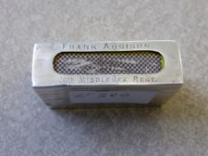 A Solid Silver Match Box Holder,  Birmingham hallmarked. Of military interest inscribed Frank