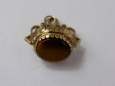 A Lady's Antique 9ct Seal Fob, set with Cornelian and Tigers eye.