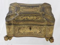 An Oriental Lacquer Tea Caddy, decorated with scenes of courtiers taking tea, supported on dragon