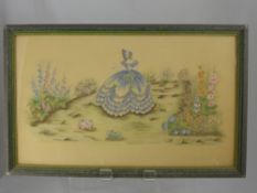 Three Silk Paintings depicting ladies walking in a garden, 1 67 x 56 cms, 2. 42 x 31 cms, 3. 49 x 29