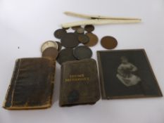 Miscellaneous Items, including bone glove stretchers, thumb dictionary, miniature book of verses 