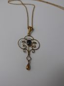 A Lady's 9ct Gold and Sapphire Edwardian Drop Pendant on 9ct Gold Chain, approx 2.7 gms