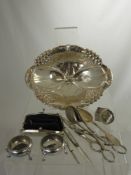 A Quantity of Silver and Silver Plate, including a fruit bowl, evening bag, fruit scissors, salad