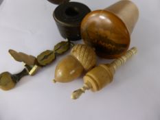 A Treen Ware Box depicting Burn's Cottage, together with an antique set of weights and a brass
