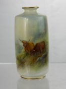 J. Stinton Royal Worcester Vase, hand painted cylindrical vase, depicting Highland cattle having a