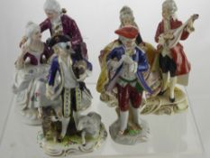 A Collection of Continental Porcelain Figurines, depicting a Huntsman and Flautist, approx 18 cms,