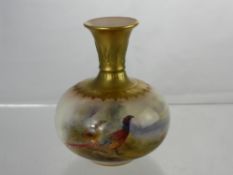 J.A Stinton Royal Worcester Vase, hand painted with pheasants, having a gilded neck and base, nr