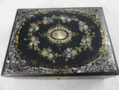 A Pin Cushion, in the form of a boot, a silver thimble together with a lacquer and mother of pearl