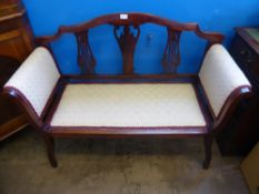 An Edwardian Mahogany Window Seat with lyre back carving and cream upholstery approx 116 x 47 x 85
