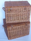 Two Wicker Hampers, approx 58 x 40 x 37 cms, with Harrods leather tag.