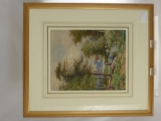 A 19th Century Water Colour, depicting a tranquil fishing scene with village in the background,