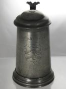 An Antique Pewter Lidded Tankard, having glass bottom inscribed 