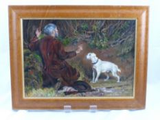 Simon Mousey, 20th Century Oil on Board, depicting a rabbit poacher and his dog, titled verso 