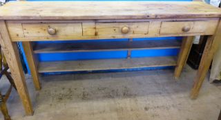 An Antique Pine Dresser Base, the dresser having three drawers, approx 170 x 45 x 90 cms.