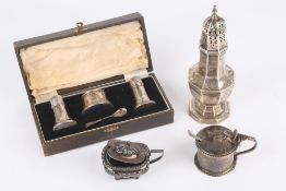 A silver sugar sifter, hallmarked Chester 1913, of octagonal form, together with a mustard pot