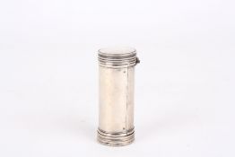 A white metal nutmeg grater, of cylindrical form, marked with makers initials IP, the cap lifts up