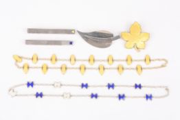 A small collection of jewellerycomprising a Danish silver gilt and yellow enamel necklace with leaf