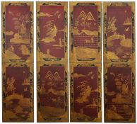 Four decorative lacquered panelseach panel decorated with oriental scenes depicting temples, birds,