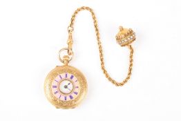 A ladies French 18ct gold and enamel half hunter fob watch with chain and pendantthe half hunter