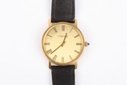 A gentleman's 9ct gold wristwatch retail by Aspreywith blue sapphire winder, and black Roman