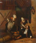 19th century Continental SchoolTwo young girls cornering a seated man, one holding a staff, in a