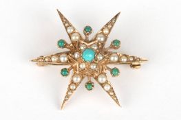 A Victorian design 9ct gold, turquoise and seed pearl star broochset with central turquoise
