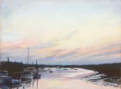 Margaret Glass (b. 1950)'After Sunset Blakeney', an estuary scene with boats. Pastel, unsigned,