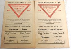 FOOTBALL; Airdrieonians Vs Queen Of The South, & Vs Dundee. 1953 season programmes (x2).