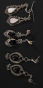Three white metal / silver sets of ladies earrings, some marked 925.