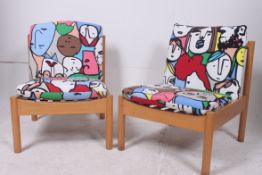 2 retro 20th century low Ercol staff industrial school chairs. Rasied on turned supports with new